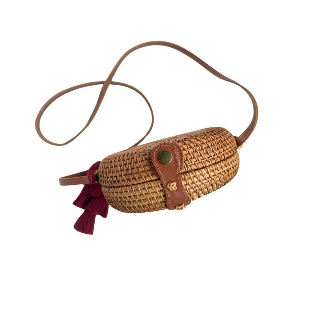 Round Rattan Wicker Crossbody Bag Boho Straw Purse Burgundy Tassels - Picture 4 of 7
